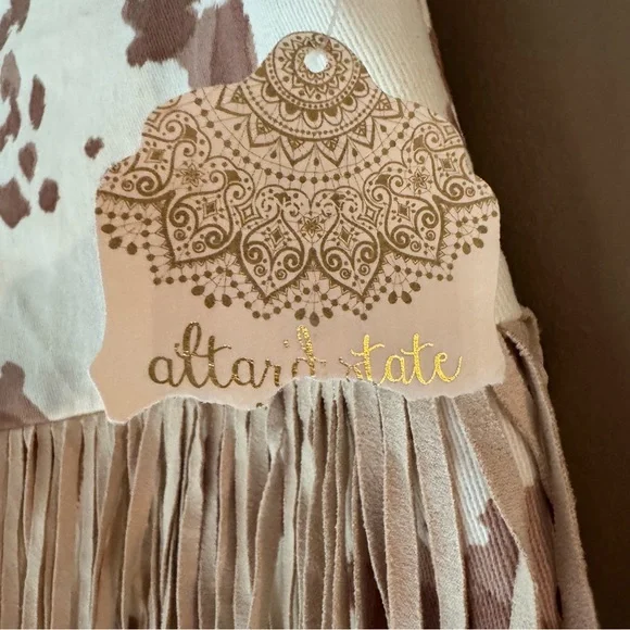 Altar’d State Brown Cow Print Fringe Mini Skirt Cowgirl Festival M NWT - Picture 4 of 9